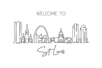 One single line drawing of St. Louis city skyline, USA. Historical town landscape in the world. Best holiday destination poster. Editable stroke trendy continuous line draw design vector illustration