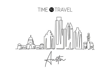 Single continuous line drawing of Austin city skyline, USA. Famous city scraper and landscape. World travel concept home decor wall art poster print. Modern one line draw design vector illustration