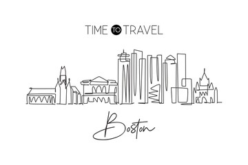 One continuous line drawing of Boston city skyline, USA. Beautiful landmark. World landscape tourism travel vacation poster print. Editable stylish stroke single line draw design vector illustration