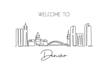 Single continuous line drawing of Denver city skyline, USA. Famous city scraper and landscape. World travel concept home decor wall art poster print. Modern one line draw design vector illustration - obrazy, fototapety, plakaty