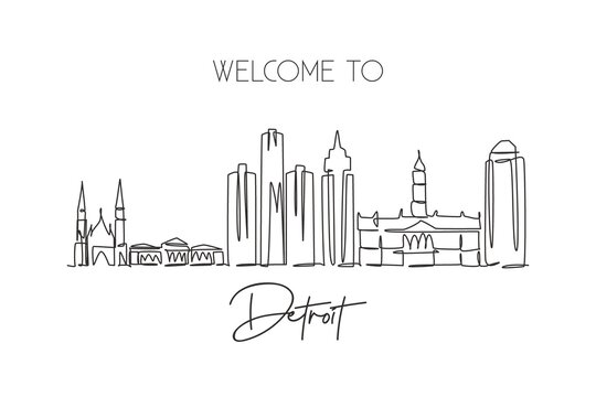 One single line drawing of Detroit city skyline, United States. Historical town landscape. Best holiday destination home wall decor poster print. Trendy continuous line draw design vector illustration