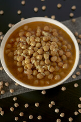 typical vegan dish of legumes with chickpeas, rice and soup 
