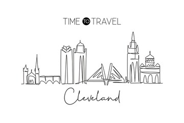 One continuous line drawing of Cleveland city skyline, United States of America. Beautiful landmark. World landscape tourism travel poster. Editable stroke single line draw design vector illustration