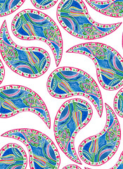 Paisley seamless pattern. Hand made painting. Bright colorful floral geometry watercolor illustration on white background for textile, wrapping