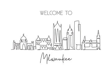 Fototapeta na wymiar One single line drawing of Milwaukee city skyline, USA. Historical town landscape. Best holiday destination home wall decor poster print art. Trendy continuous line draw design vector illustration