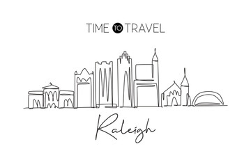 Obraz premium One continuous line drawing of Raleigh city skyline, USA. Beautiful landmark. World landscape tourism travel vacation poster print. Editable stylish stroke single line draw design vector illustration