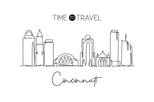 One Continuous Line Drawing Of Cincinnati City Skyline, Ohio. Beautiful Landmark. World Landscape Tourism Travel Vacation Poster. Editable Stylish Stroke Single Line Draw Design Vector Illustration