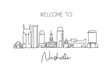 Fototapeta na wymiar Single continuous line drawing of Nashville city skyline, Tennessee. Famous city scraper landscape. World travel concept home wall decor poster print. Modern one line draw design vector illustration