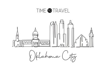 Naklejka premium One single line drawing of Oklahoma city skyline United States. Historical town landscape. Best holiday destination home decor wall art poster. Trendy continuous line draw design vector illustration