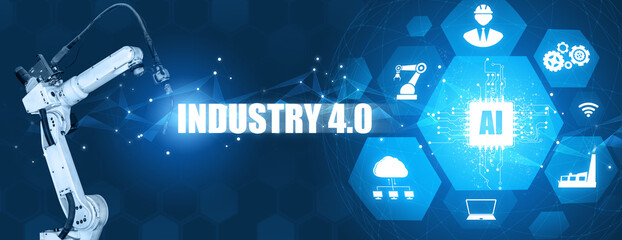 Smart industry robot arms for digital factory production technology showing automation...