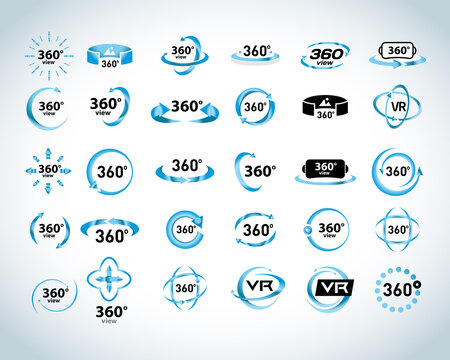 360 Degrees View Vector Icons set. Virtual reality icons. Isolated vector illustrations. Blue version.