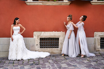 Beautiful bride and bridesmaids in gorgeous elegant stylish light grey silver floor length dresses...
