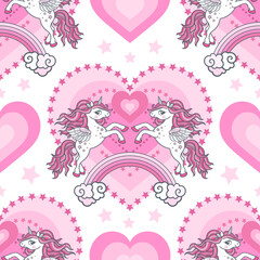 Seamless pattern with two unicorns, a rainbow and a heart. Vector