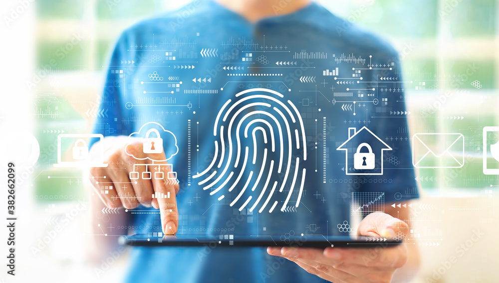 Poster fingerprint scanning theme with young man using a tablet computer