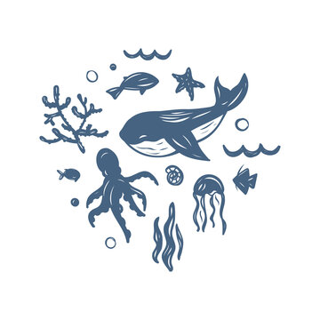 Set of sea animals. Whale, octopus, jellyfish, shell, wave, bubbles water element. Collection of aquatic creatures isolated on white. Vector illustration for print, stickers in linocut style.