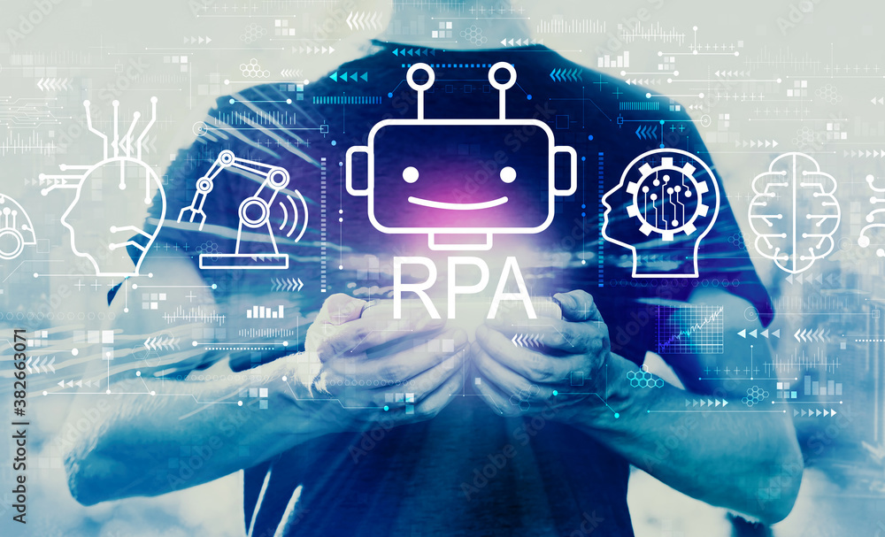 Poster robotic process automation rpa theme with young man using his smartphone