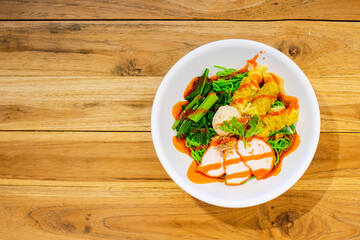 noodle soup and red roast pork with copy space