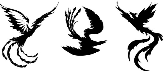 Mythological birds. Set of different black silhouettes of Phoenix