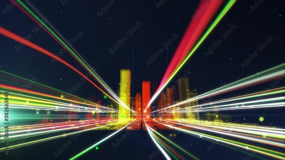 Poster colorful line particle city data digital futuristic network connection. 3d rendering technology conc
