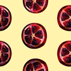 Tropical seamless pattern with grapefruit. Fruit repeating background. Bright raster print for fabric or wallpaper. The picture is made by hand. Design. Grapefruit is painted in oil. Citrus fruit