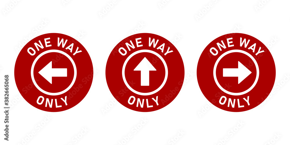 Poster set of one way only round floor marking adhesive sticker icon with direction arrow and text. vector 
