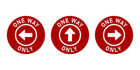 Set of One Way Only Round Floor Marking Adhesive Sticker Icon with Direction Arrow and Text. Vector Image.