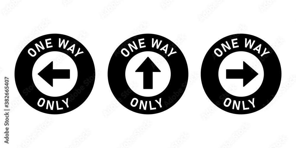 Poster set of one way only round floor marking adhesive sticker icon with direction arrow and text. vector 