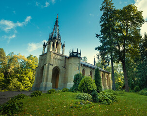 Ancient Church of Peter and Paul in Gothic style in Shuvalovsky Park in the city of St. Petersburg Russia