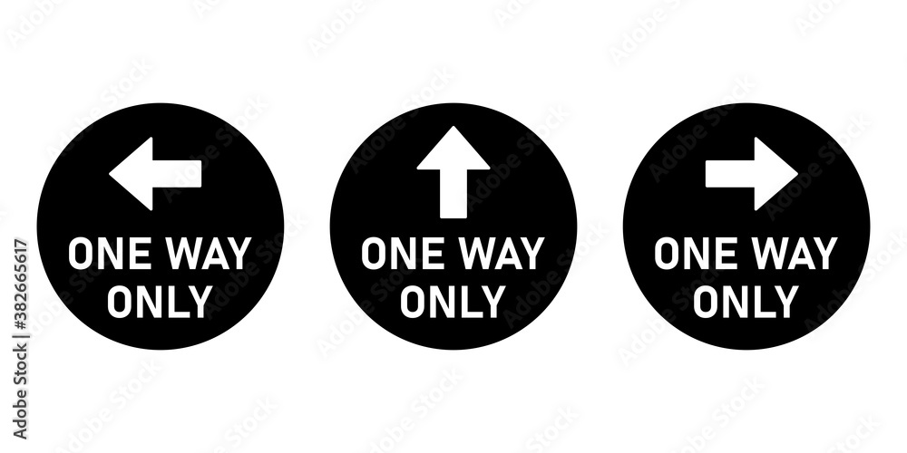 Poster set of one way only round floor marking adhesive sticker icon with direction arrow and text. vector 