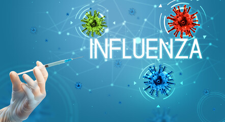 Syringe, medical injection in hand with INFLUENZA inscription, coronavirus vaccine concept