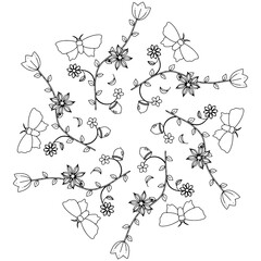 Naklejka premium Mandala Circular Pattern. Leafs Butterfly and flowers in monochrome colors. Doodles pattern. Decorative pattern in a natural style. Coloring book page.