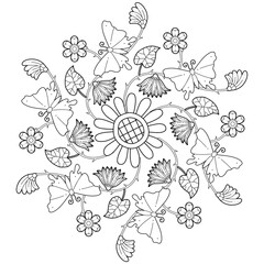 Mandala Circular Pattern. Leafs Plants and Flowers in Monochrome colors. Doodles pattern. Decorative pattern in a natural style. Coloring book page.
