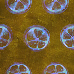 Tropical seamless pattern with grapefruit. Fruit repeating background. Bright raster print for fabric or wallpaper. The picture is made by hand. Design. Grapefruit is painted in oil. Citrus fruit
