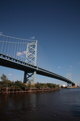 View of suspension The Benjamin Franklin Bridge crossing the Delaware River  connecting Camden New Jersey from Philadelphia, Pennsylvania, USA