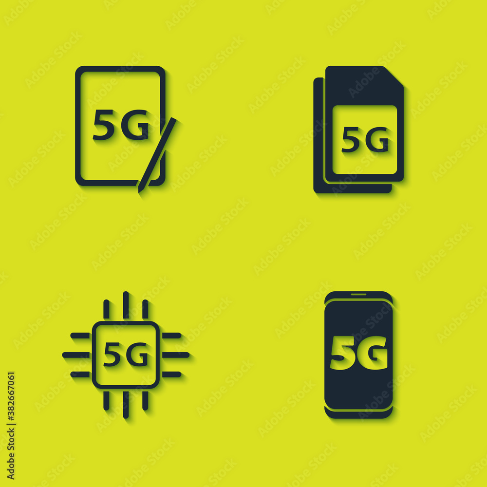 Poster set graphic tablet with 5g, mobile network, processor and sim card icon. vector.