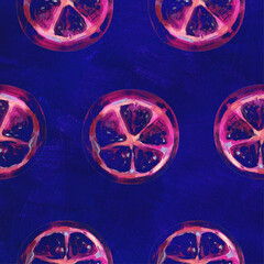 Tropical seamless pattern with grapefruit. Fruit repeating background. Bright raster print for fabric or wallpaper. The picture is made by hand. Design. Grapefruit is painted in oil. Citrus fruit