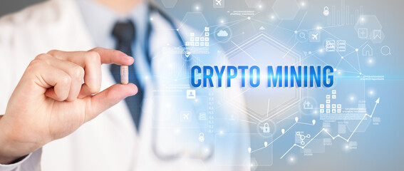 Doctor giving a pill with CRYPTO MINING inscription, new technology solution concept