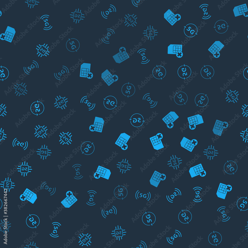 Poster set 5g network, sim card rejected, and processor on seamless pattern. vector.