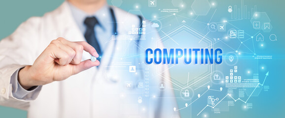 Doctor giving a pill with COMPUTING inscription, new technology solution concept
