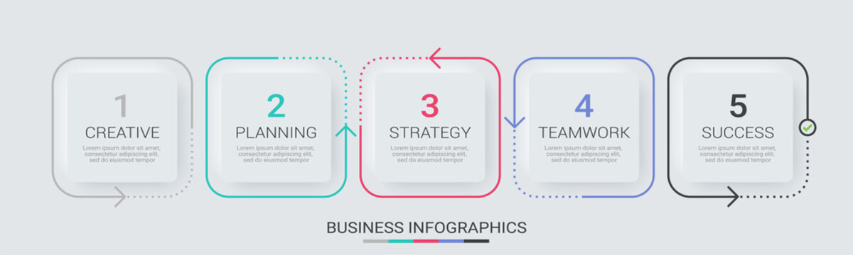 Abstract 3D Infographic thin line infographic template with 5 steps. Modern business concept infographics with options for brochure, diagram, workflow, timeline. Neomorphism style. Vector EPS 10