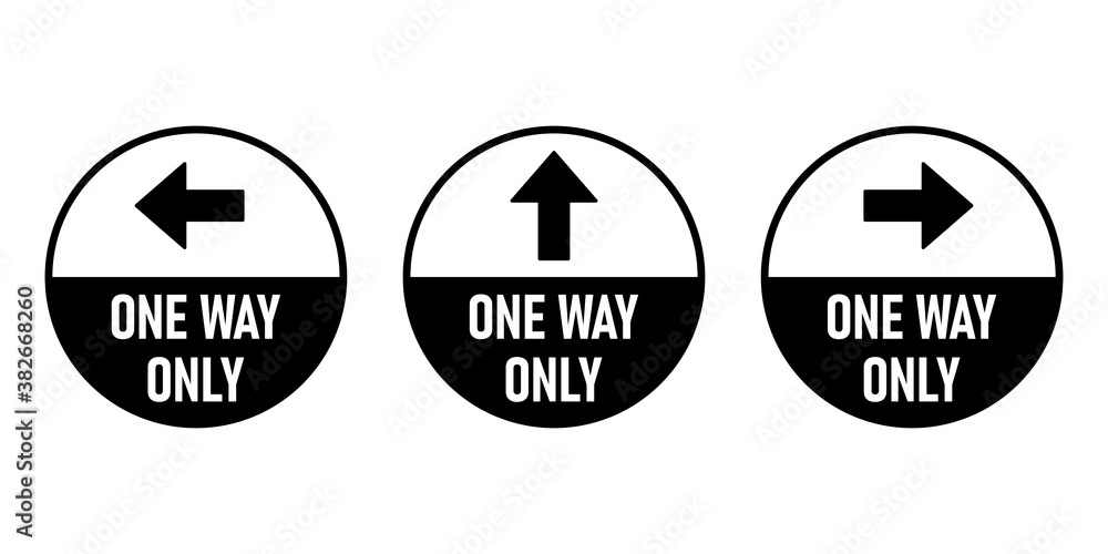 Poster set of one way only round floor marking adhesive sticker icon with direction arrow and text. vector 