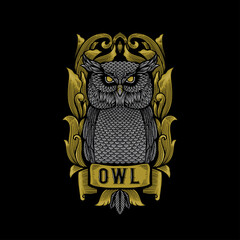 owl on a black background vintage illustration design