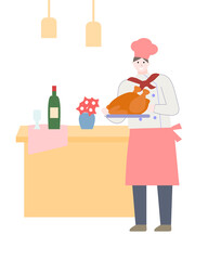 Chef holds chicken, on white bacground, vector graphics