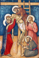 13th Stations of the Cross, Jesus' body is removed from the cross, parish church Precious Blood of...