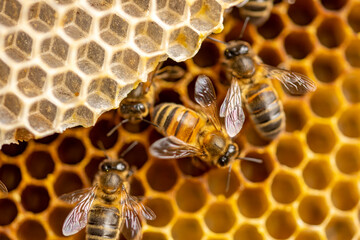 Super close up of individual Apis Mellifera Carnica or Western Honey Bees with great details of the honeycomb structure