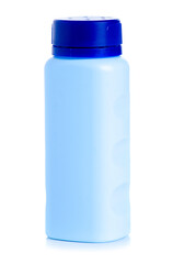 Blue bottle with baby powder cosmetic on white background isolation