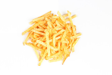 Portion of salty fried potato sticks isolated on white background