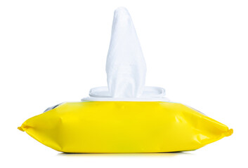 Yellow pack with wet wipes on white background isolation
