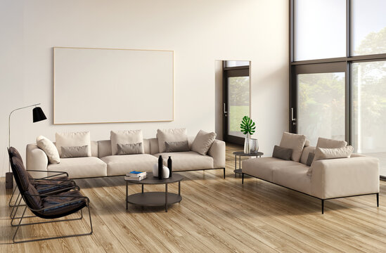 Large luxury modern minimal bright interiors room mockup illustration 3D rendering