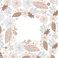 Autumn leaves, berries and flowers border frame background with space text. Seasonal floral maple oak tree orange leaves for Thanksgiving Day